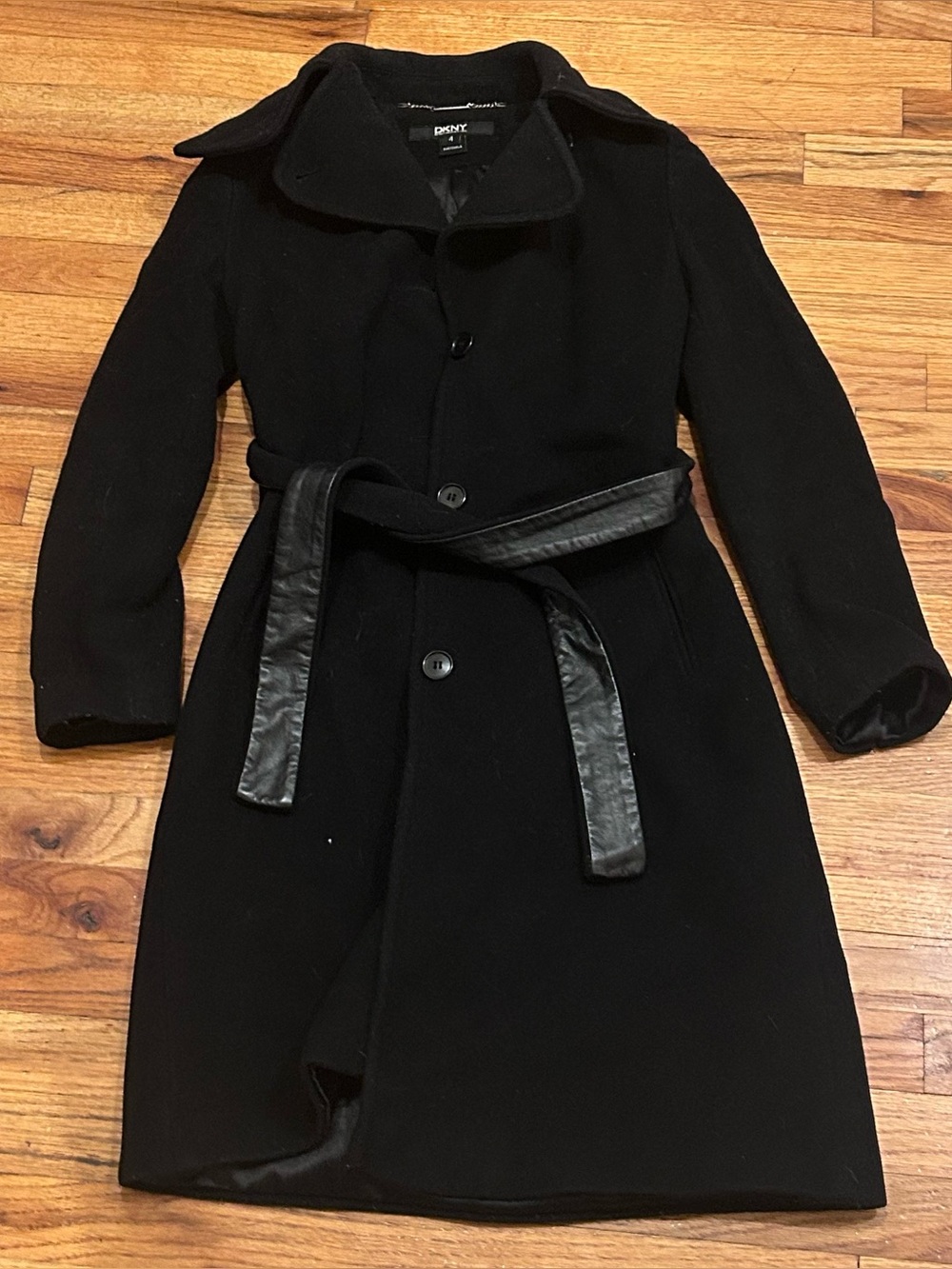 DKNY Black Wool Belted Coat